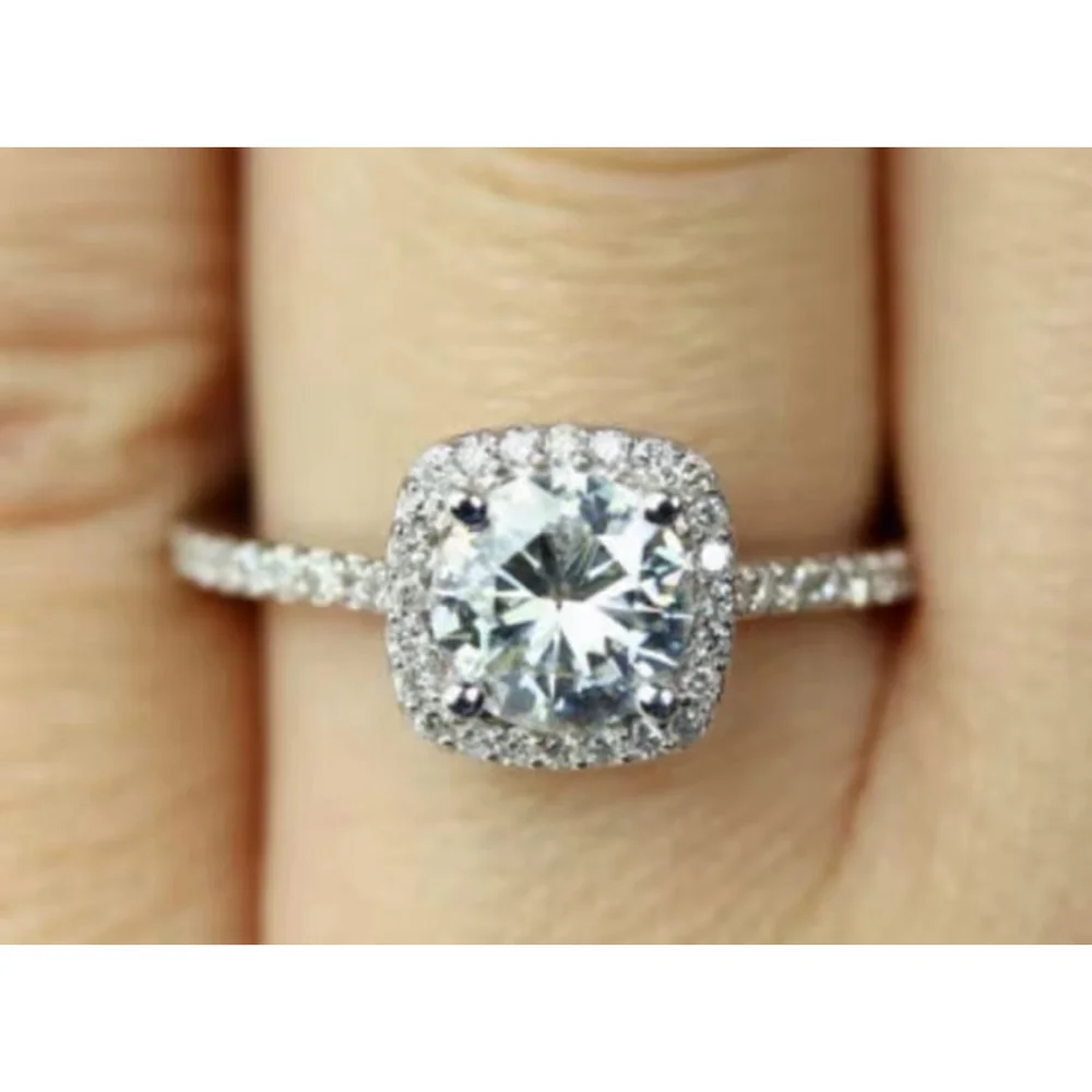 NEW 2 Ct Pave Halo Round Platinum S925 Diamond Engagement‎ Ring | Sz 7.5 NEW